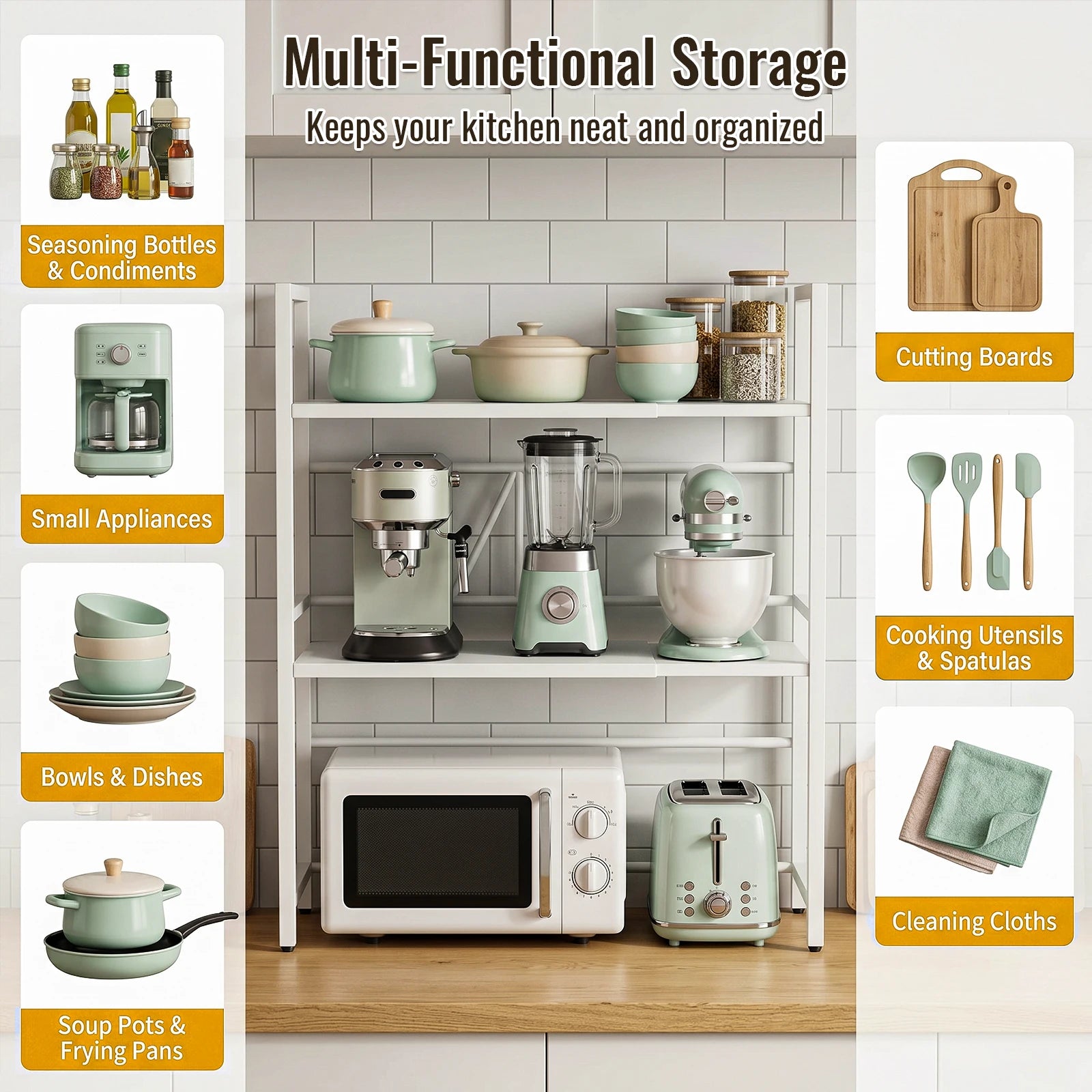 3-Tier Microwave Oven Rack Shelf Kitchen Countertop Oven Rack Expandable Seasoning Storage Rack Stand Storage Tableware Racks