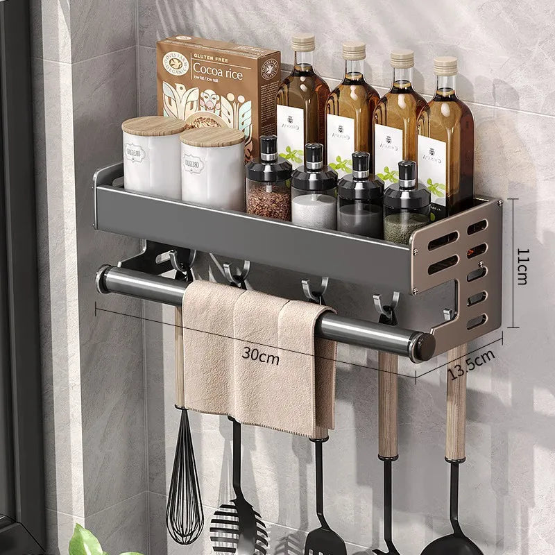 Gunmetal Space Aluminum Kitchen Storage Rack - No-Drill Wall Mounted Multi-Functional Organizer for Spice Jars and Knives