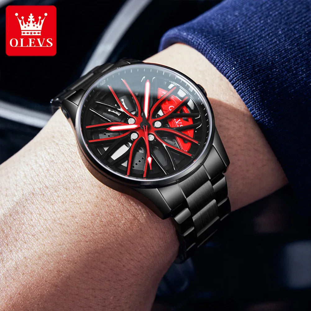 Reloj de lujo OLEVS Wheel para hombre, resistente al agua, con llanta giratoria deportiva, de cuarzo, de alta calidad y a la moda, el más vendido.