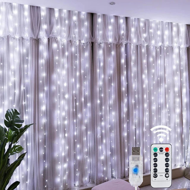 LED Fairy String Curtain Lights para Home Decor, Lâmpadas, Festão, controle remoto, USB, Natal, feriado, Ano Novo, 8 modos