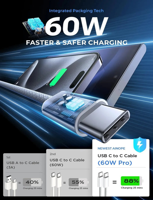 Cargador rápido original PD de 60 W, cable USB C a tipo C de 6 A para Apple iPhone 15/16 Pro MAX, carga rápida para Samsung S24 y Xiaomi.