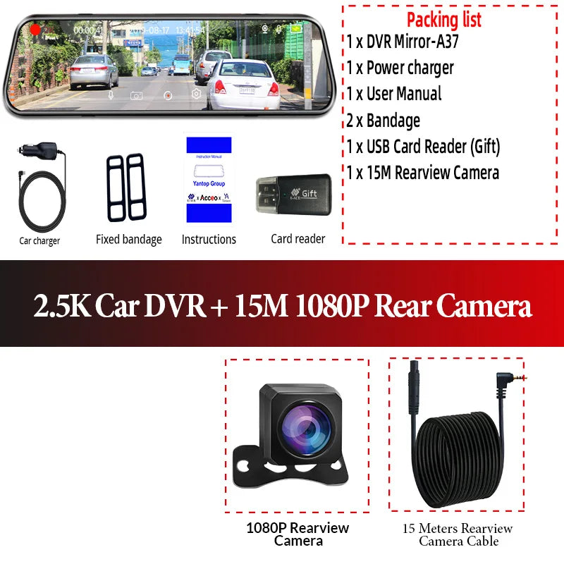 Acceo A37 Car DVR 10.0 Inch Rear View Mirror 2.5K Dash Cam 1080P Car Camera With Rear View Camera Video Recorder Registrar DVRs