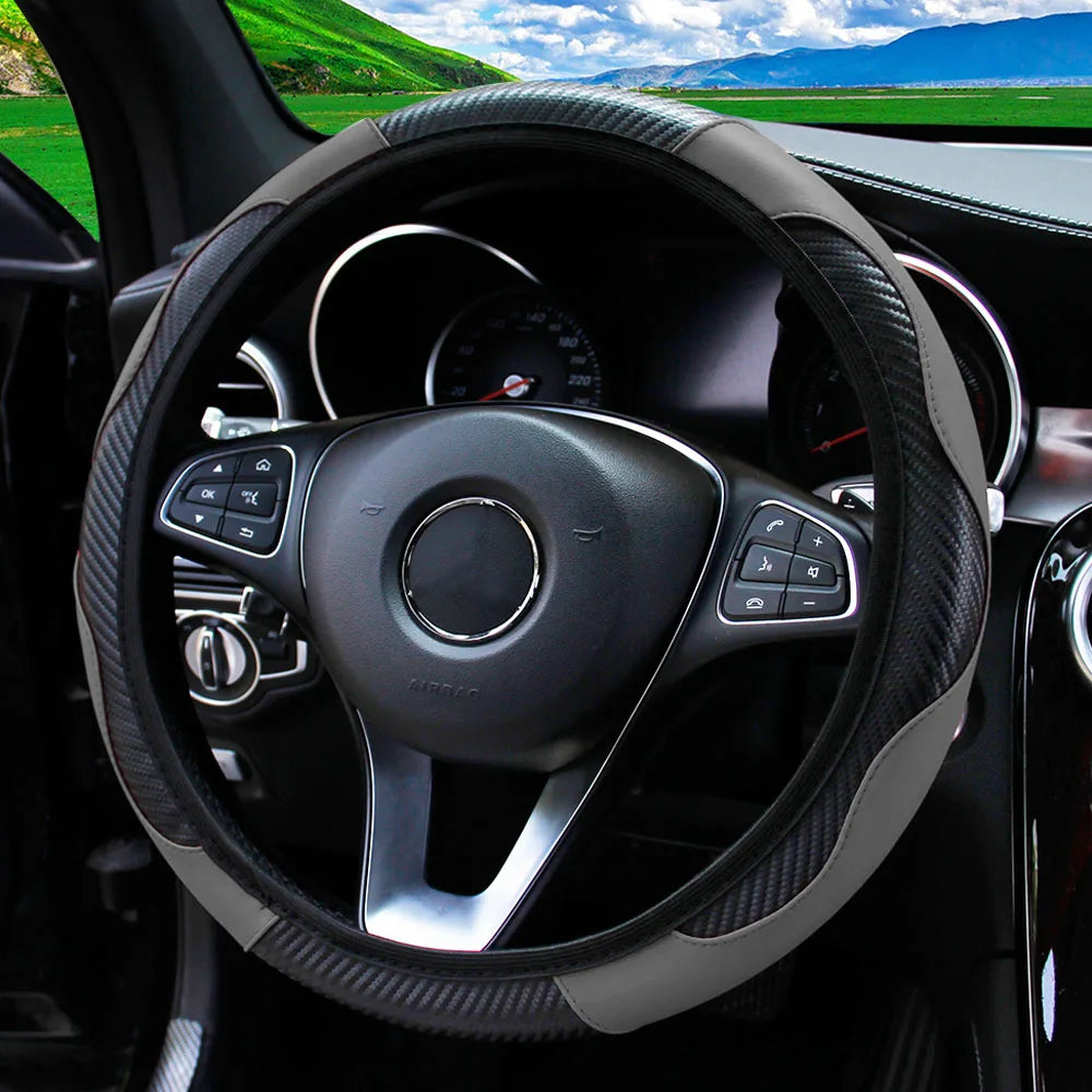 PU Carbon Fiber Leather Car Steering Wheel Cover without Inner Ring Suitable for 14.5-15 Inches Auto Supplies