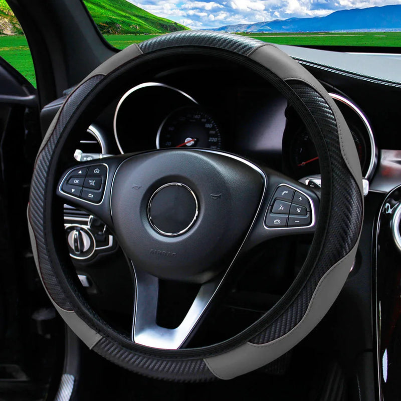 PU Carbon Fiber Leather Car Steering Wheel Cover without Inner Ring Suitable for 14.5-15 Inches of Automotive Supplies