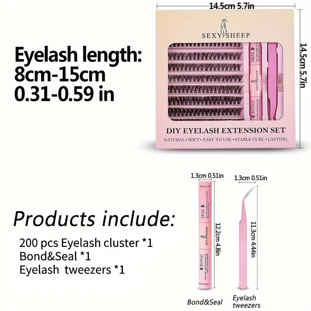 Kit de extensão de cílios diy, 200 peças, cluster de cílios com pinça com ligação e vedação de cílios, cola e aplicador de cílios, ferramenta de maquiagem
