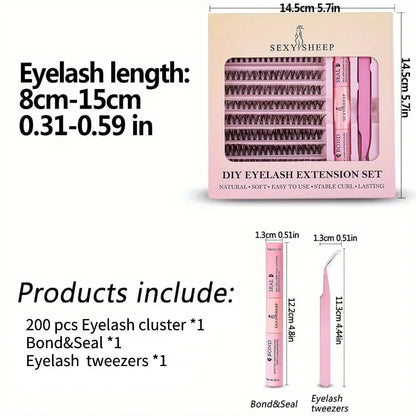Kit de extensão de cílios diy, 200 peças, cluster de cílios com pinça com ligação e vedação de cílios, cola e aplicador de cílios, ferramenta de maquiagem