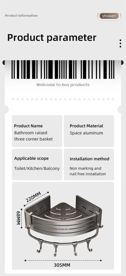 No Drill Bathroom Corner Shelf Wall Mounted Shower Corner Shelves with Hook Towel Bar Space Aluminum Bathroom Organizer Rack