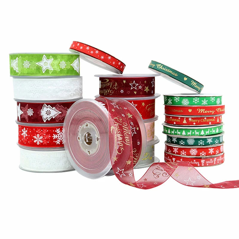 5M 10mm 15mm 25mm Christmas Satin Ribbons Crafts DIY Tape Wedding Gift Bows Natural Organza Ribbon Sewing Clothing Decoration