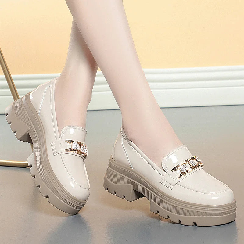 5.5cm British Style Thick Bottom Patent Leather Loafers Women's Platform Shoes 2024 Spring Shallow Block Heels Shoes Office