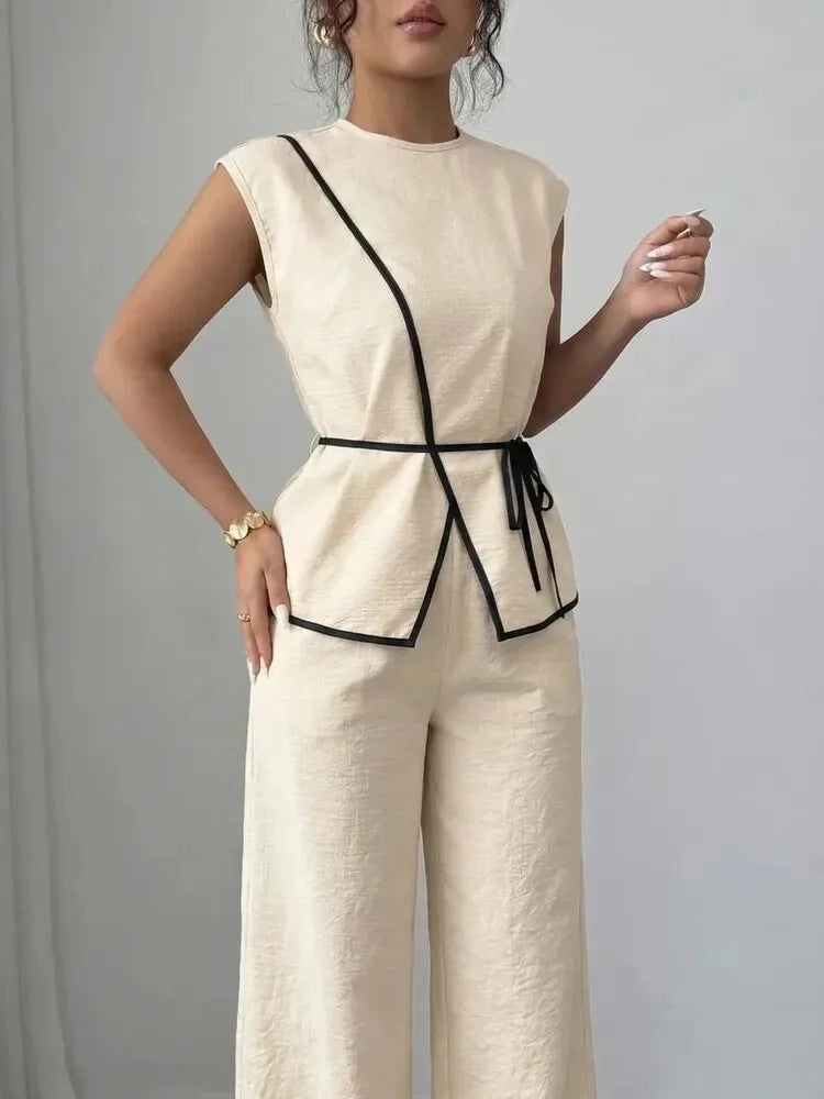 Women's Summer Tie-waist Wide-leg Pants Set Sleeveless Wrap Blazer Top Loose Straight-leg Pants Two-piece Set Comfortable Outfit