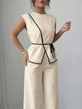 Women's Summer Tie-waist Wide-leg Pants Set Sleeveless Wrap Blazer Top Loose Straight-leg Pants Two-piece Set Comfortable Outfit