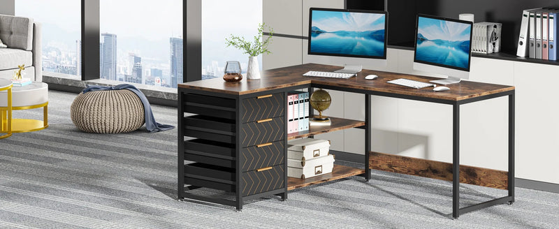 Tribesigns L Shaped Computer Desk with Storage Drawers, 59 inch Corner Desk with Shelves, Reversible L-Shaped Office Desk Study