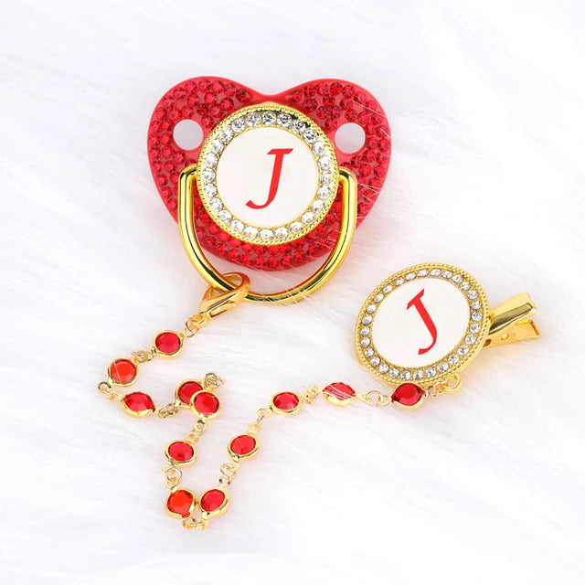 Personalized Baby Pacifier Clip Red Zircon Silicone Infant Teether Bpa Free Luxury Teether Newborn Holder 26 Letters 
