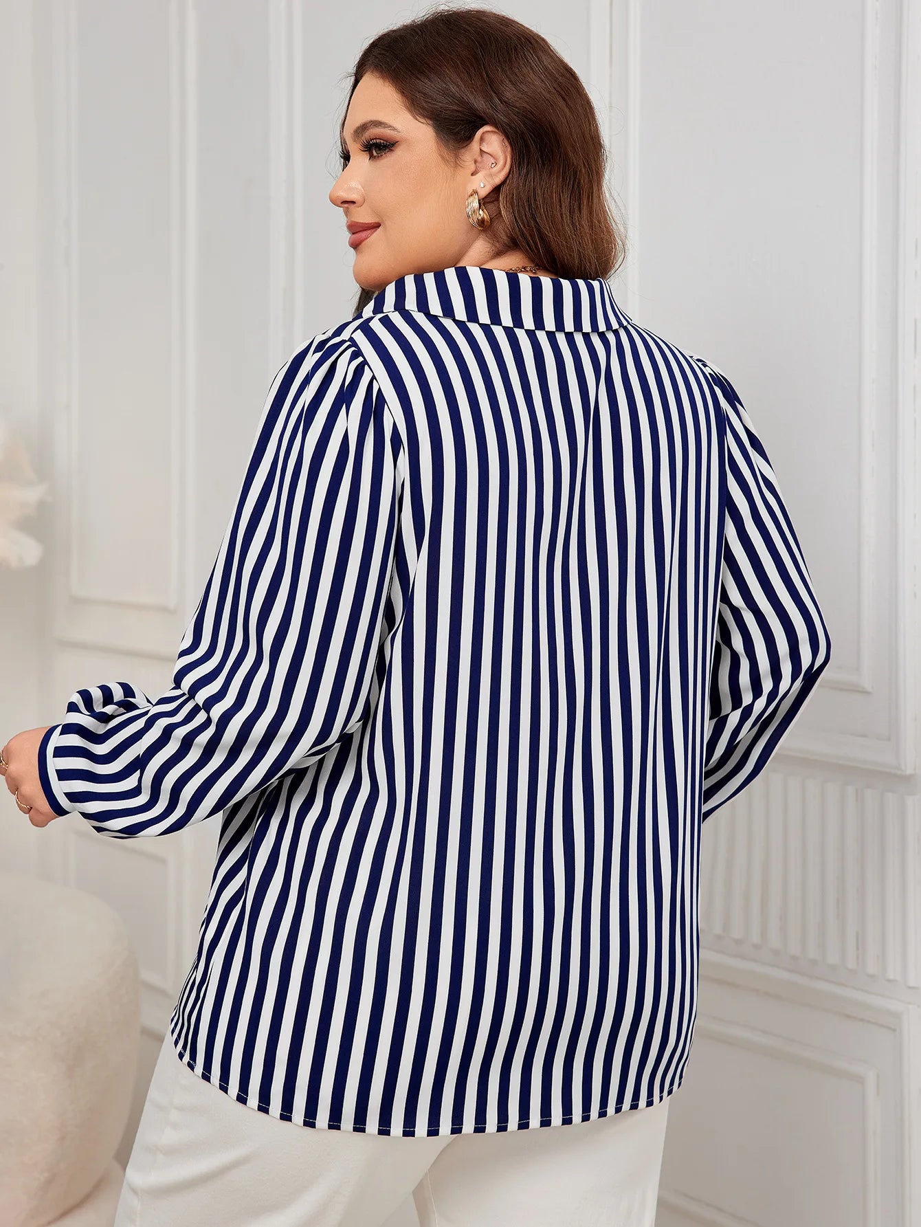 Fairyshely Spring Woman Stripe Print Plus Size Shirt Lady Long Sleeve Large T-shirt Autumn Elegant Loose Curvy Pullover Tops