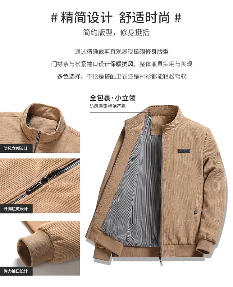 2024 Men's Casual Warm Jacket Spring Autumn Solid Color Stand Bomber Coat Men Corduroy Outwear Fashion Zipper Slim Jacket Men
