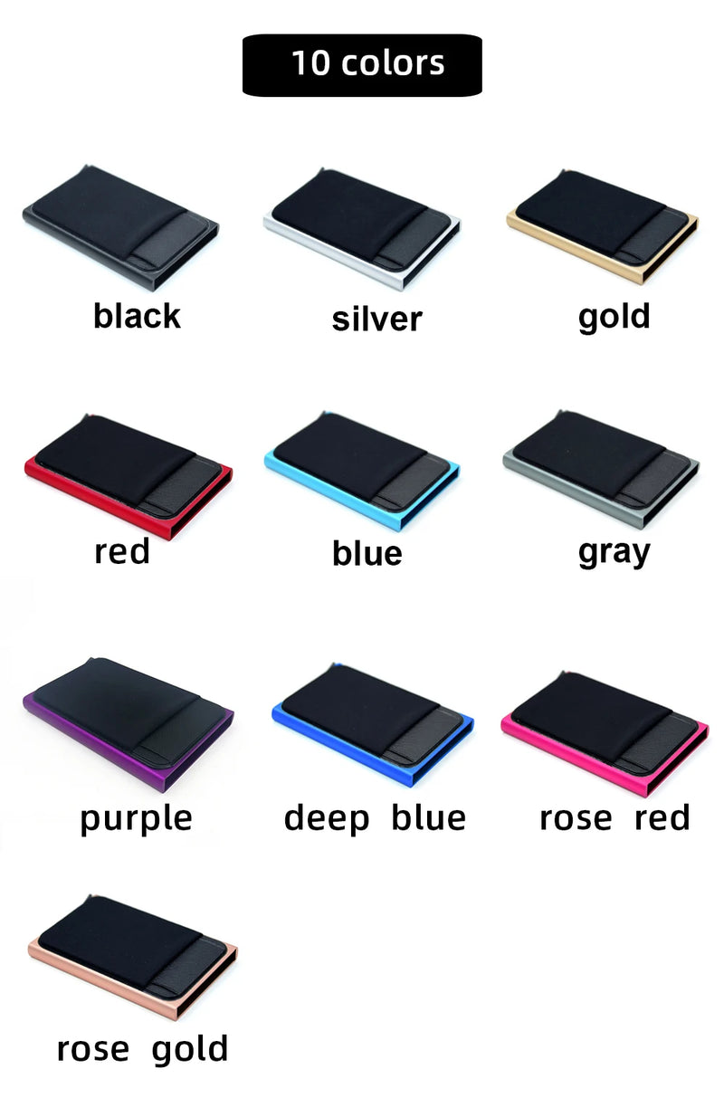 YUECIMIE Cartera delgada de aluminio con bolsillo trasero elástico, tarjetero para identificación, mini billetera RFID, estuche automático emergente para tarjetas bancarias.
