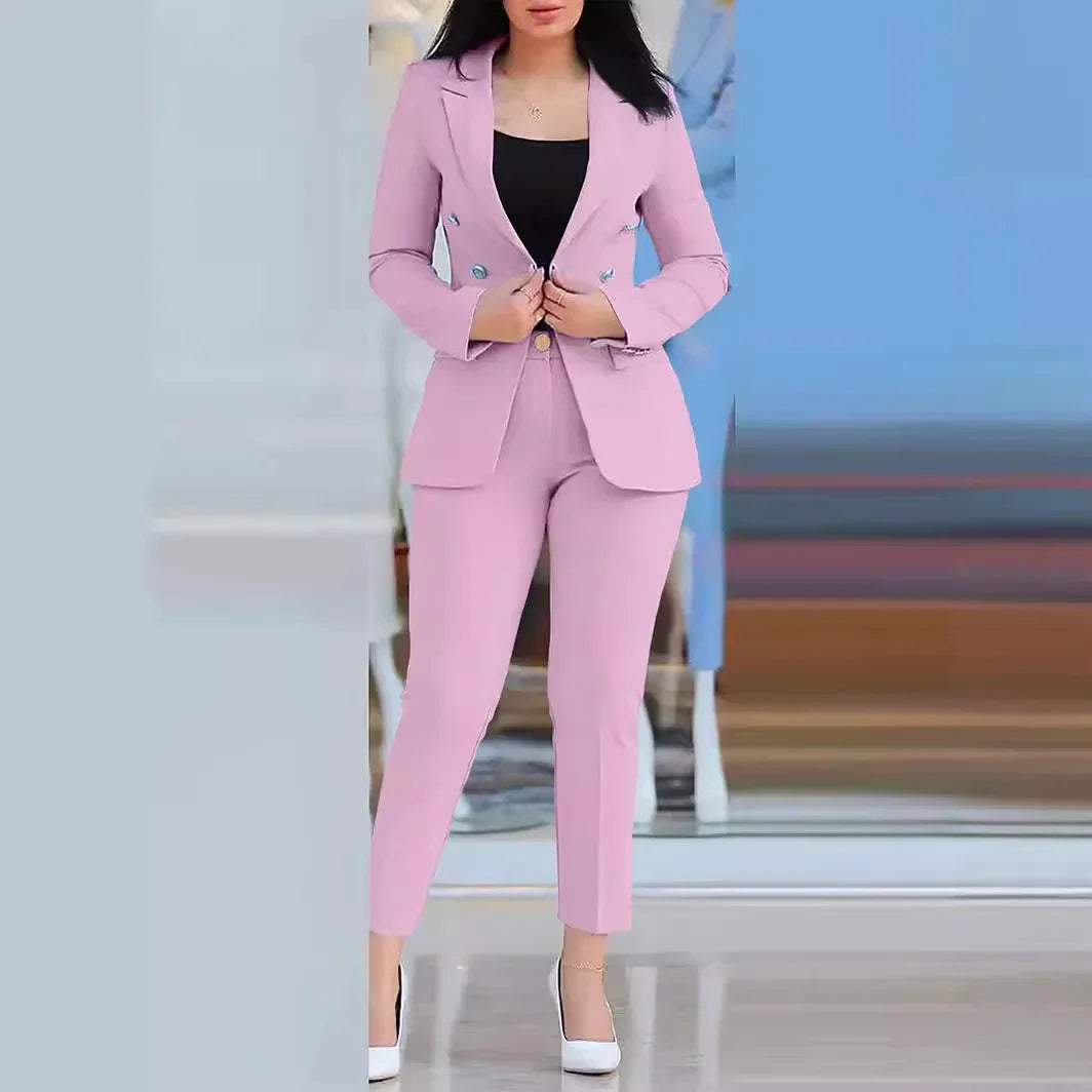 Conjunto de 2 piezas de ropa de oficina para mujer, chaqueta blazer de manga larga y pantalones pitillo de cintura alta, color liso