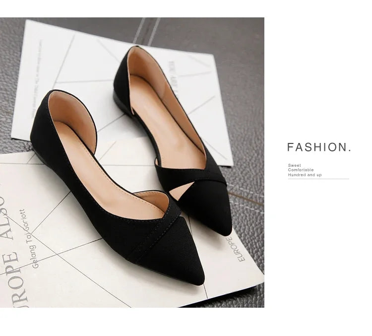 Women Flats Pink Black Pure Color Plus Small Size 33 34 Large 41 42 43 44 Suede Leather Pointed Toe Office Lady Flat Heel Shoes