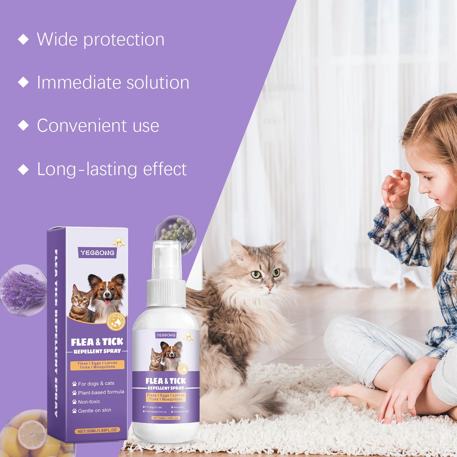 YEGBONG 50ml Flea Tick Prevention Spray for Dogs and Cats Fast-Acting Waterproof Outdoor Protection with Natural Essential Oils