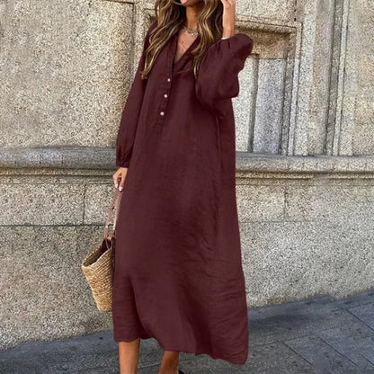 Vestido de algodão e cânhamo feminino, robe de manga comprida, decote em v, meio aberto, monocromático, casual, elegante, tamanhos grandes, moda verão, 2022