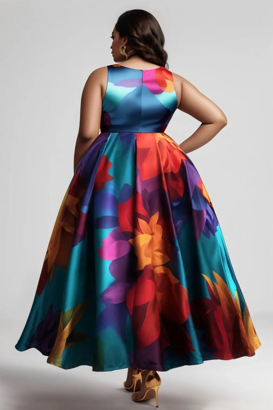Vestido feminino plus size, sem mangas, plissado, linha a, festa, noite, maxi, estampa floral, casual, vintage, gola redonda