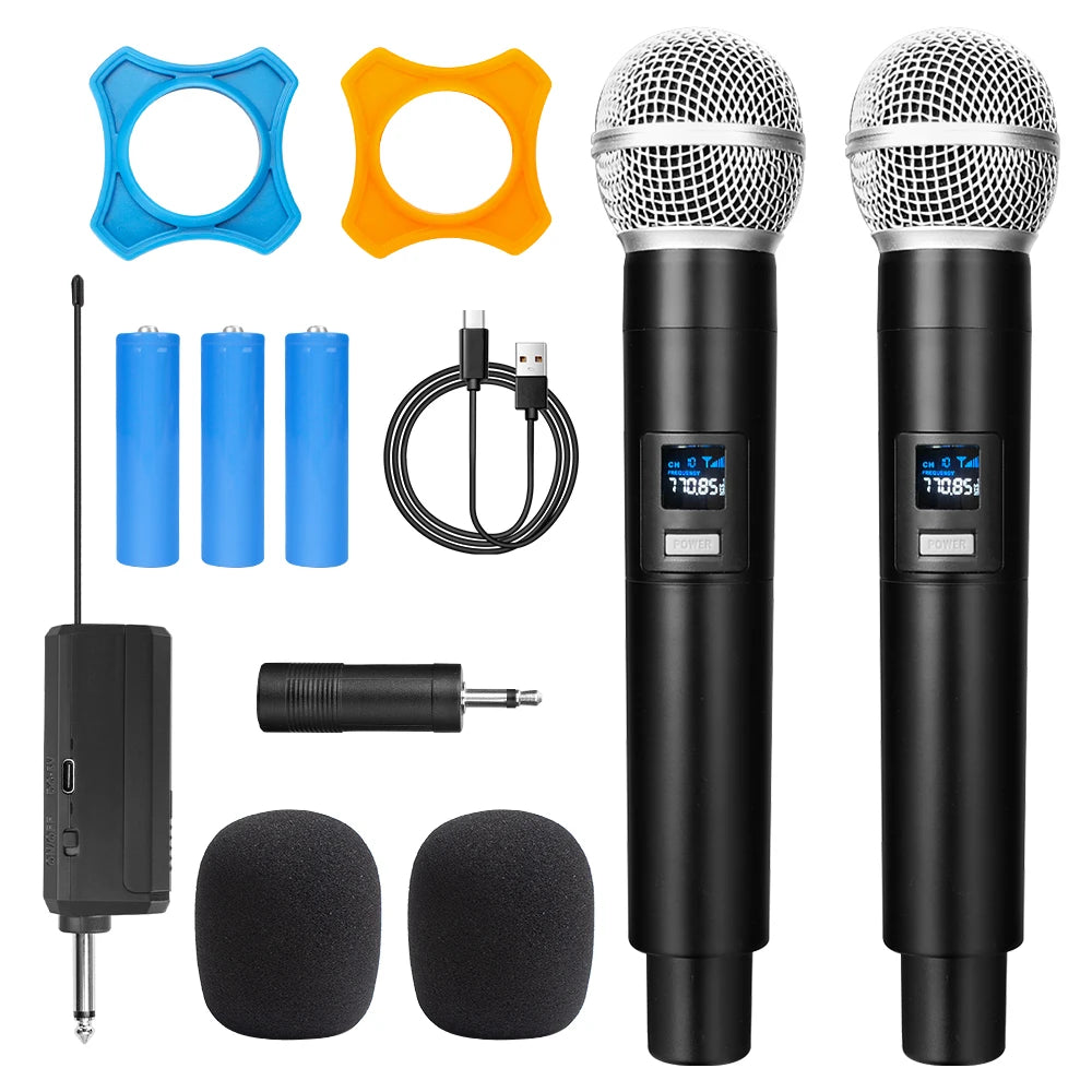UHF Wireless Dual Handheld Dynamic Microphone Karaoke Microphone with Rechargeable Receiver for Wedding Party Speech Church Club