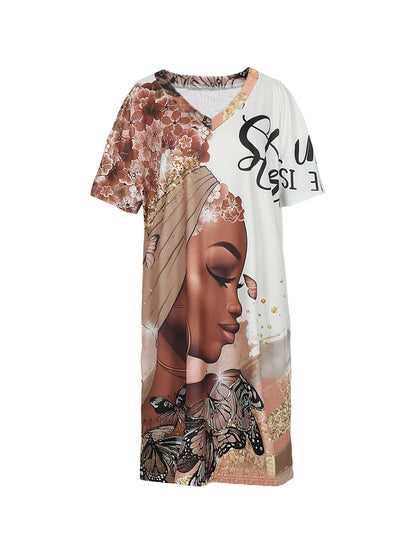Vestido plus size com estampa gráfica e letras, vestido casual de manga curta com gola redonda, roupas femininas plus size