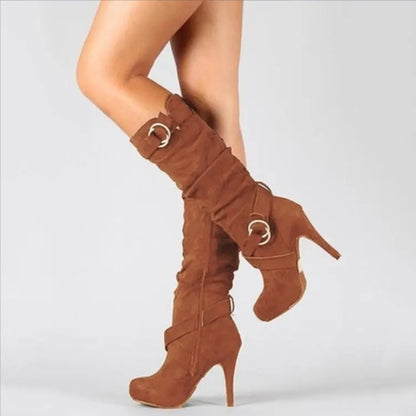 Botas sexis hasta la rodilla para mujer, tacón fino, punta redonda, plataforma, botas de piel sintética a la moda para mujer, talla 34-43