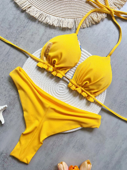 Leaves Printed Halter High Leg Cut Bikini Women Swimwear Female Swimsuit Two-pieces Bikini set Bather Bathing Suit Swim