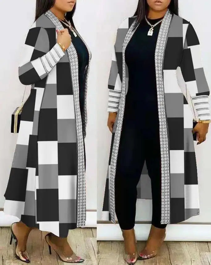 Casual New Fashion 2023 Geometric Print Long Sleeve Open Front Longline Coat Female Clothing Outfits for Women