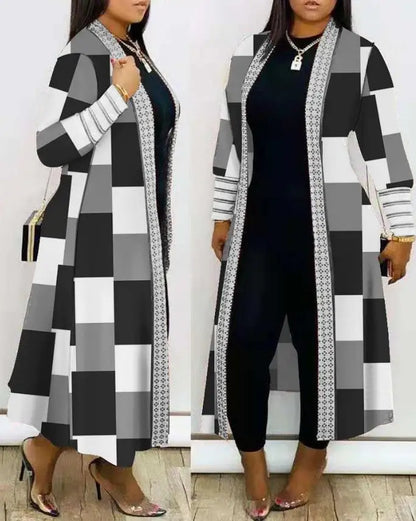 Casual New Fashion 2023 Geometric Print Long Sleeve Open Front Longline Coat Female Clothing Outfits for Women