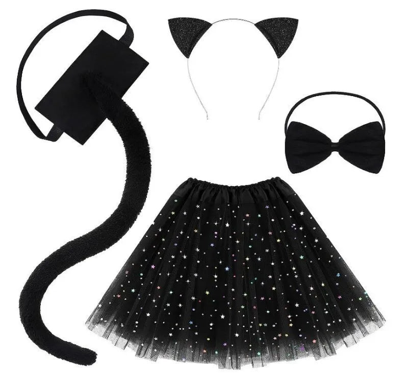 Animal Cat Tiger Cosplay Costume for Boys Girls Headband Clothes Shoes Tail Tutu Skirt Gloves Set for Kids School Performance