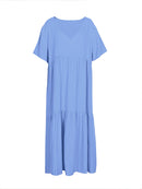 Plus Size 2025 Summer New V-neck Short Sleeve Pleated Solid Colour Loose Casual Midi Dress Basic Hem Pleated