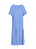 Plus Size 2025 Summer New V-neck Short Sleeve Pleated Solid Colour Loose Casual Midi Dress Basic Hem Pleated