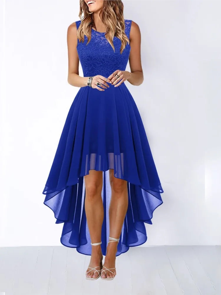 Hollow-outch Chiffon Dress Dinner Lace Dress Women's Elegant Temperament British Style High-waisted Sleeveless Round-neck Dress