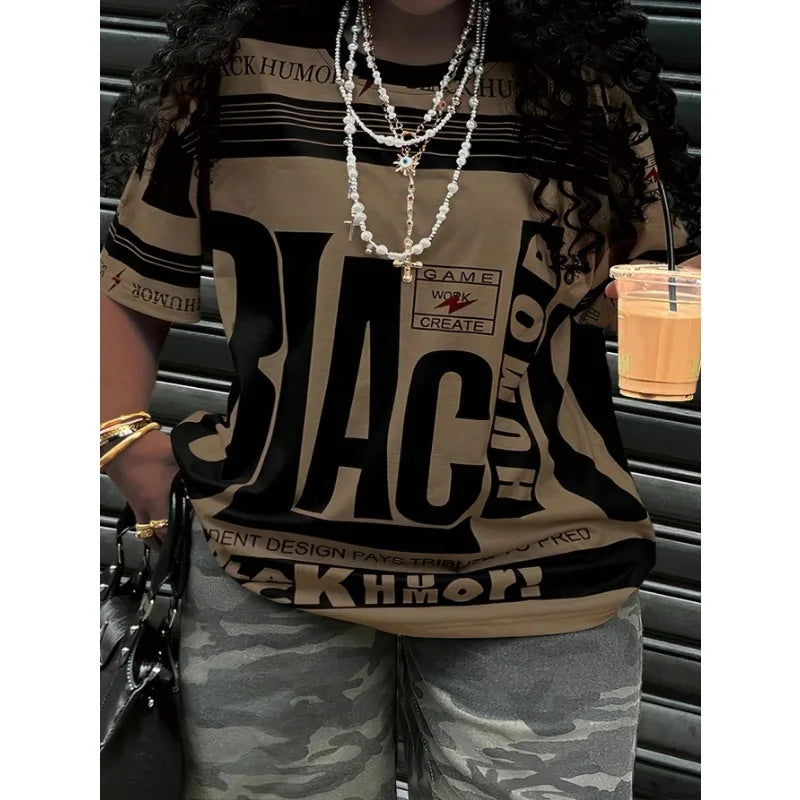 Nova venda quente esportes ao ar livre plus size feminino verão carta impressão em torno do pescoço manga curta casual moda tendência camiseta