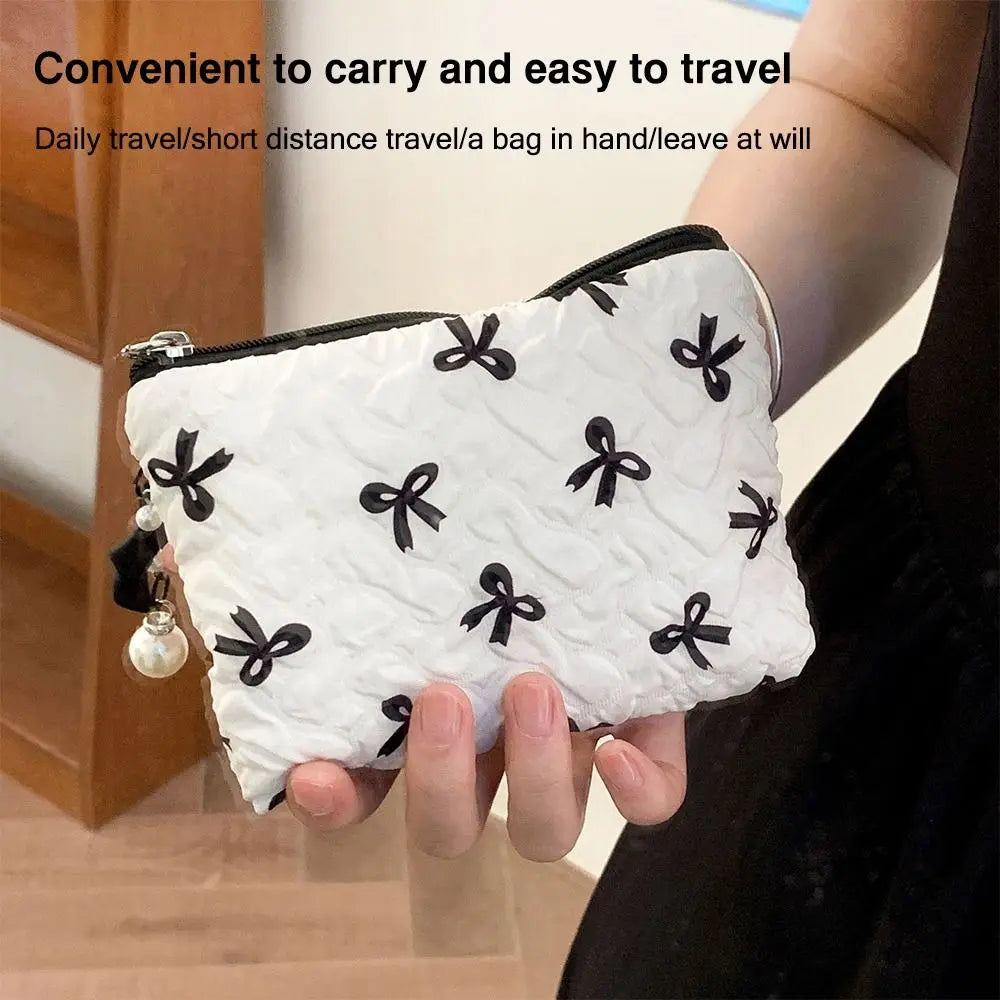 Cotton Makeup Bag for Women Quilted Travel Cosmetic Bag Girls' Make Up Organizer Portable Little Bow Makeup Pouch