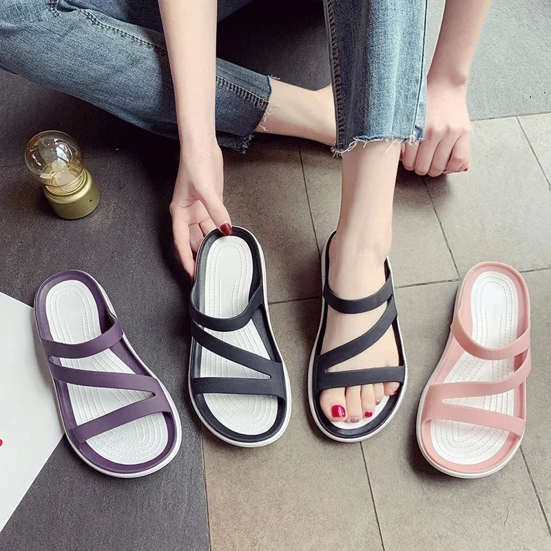Women's Summer Slippers Platform Flat Low Heel Peep Toe Sandals Black Slides Casual Beach Outdoor Female Ladies Jelly Shoes