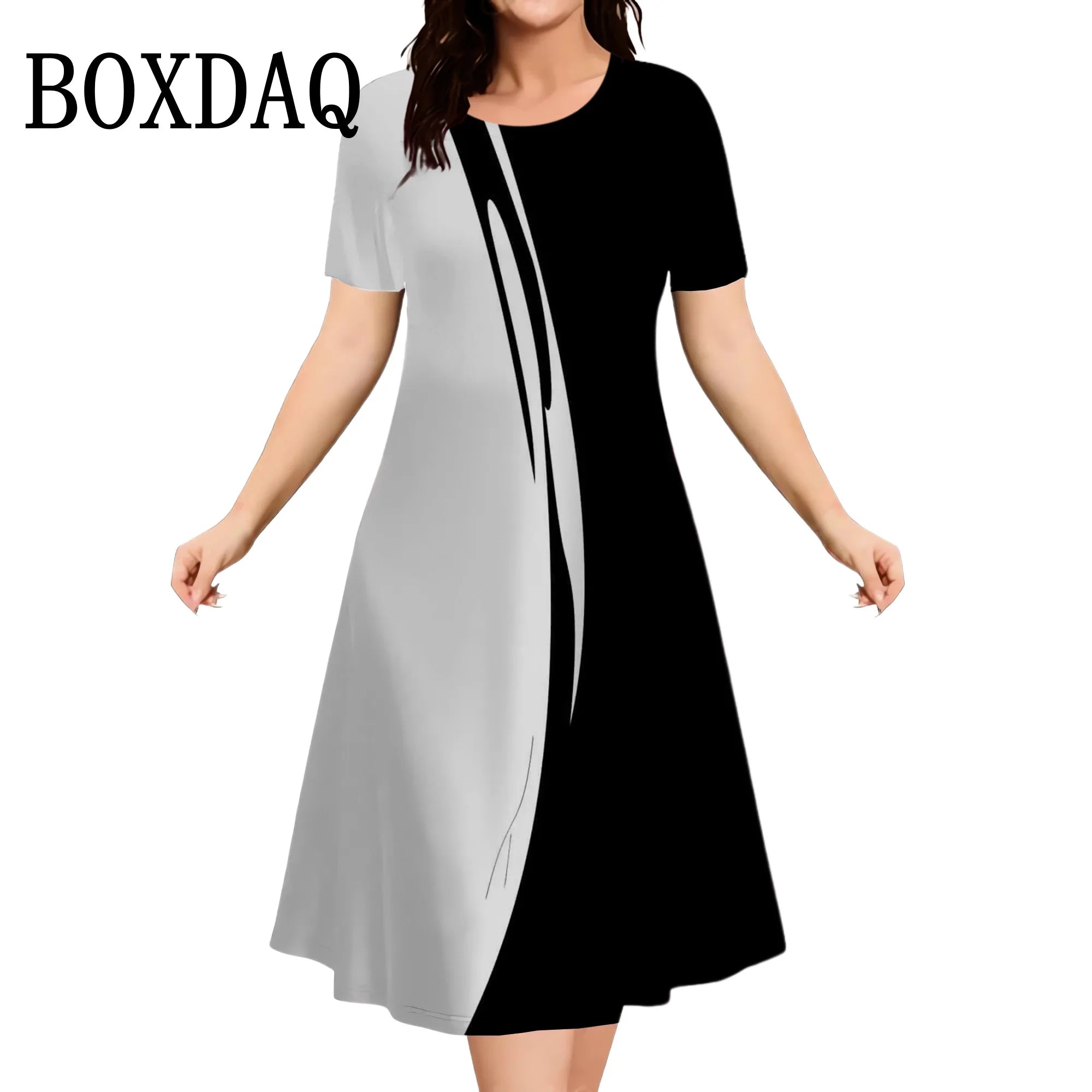 2025 Summer Women Dress Fashion Plus Size Short Sleeve Dress Black White Contrast Color Loose A-Line Dress Big Size 9XL Clothing
