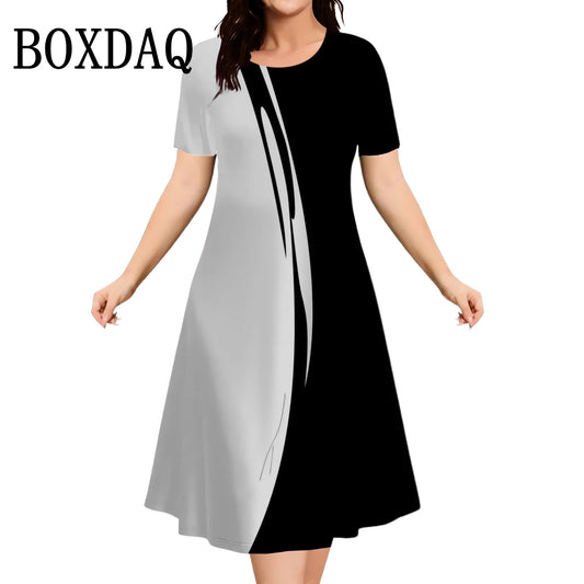 2025 Summer Women Dress Fashion Plus Size Short Sleeve Dress Black White Contrast Color Loose A-Line Dress Big Size 9XL Clothing