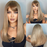 Light Wine Red Synthetic Wigs With Bangs for Women, Long Straight Hair Wig, Natural Cosplay Party, Heat Resistant