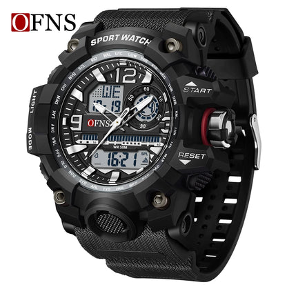 OFNS - Reloj de lujo estilo G para hombre, resistente al agua hasta 50 m, multifunción, deportivo, militar, de cuarzo, con LED digital