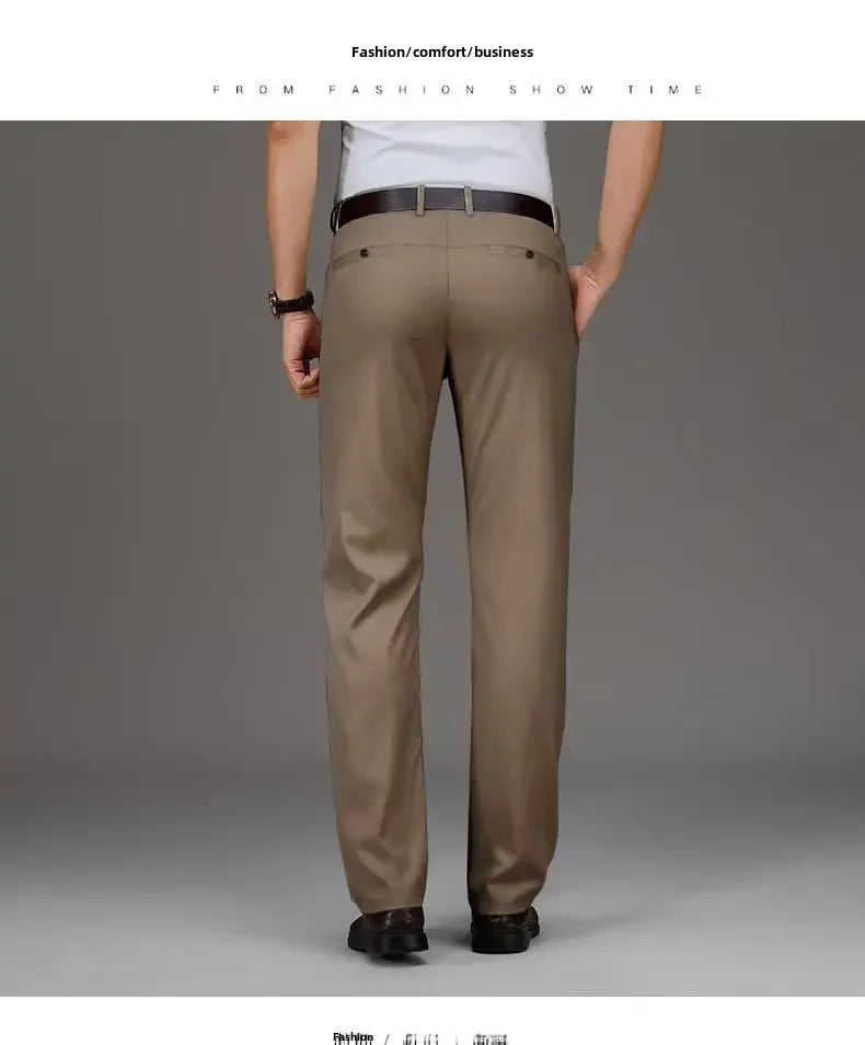 Pantalones casuales de seda helada para hombre, de negocios, formales, de verano, finos, rectos y holgados, para hombres de mediana edad.