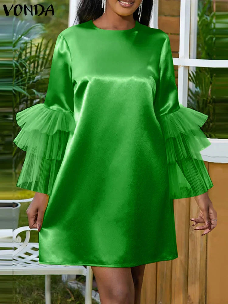 Plus Size 5XL VONDA 2024 Summer Dress Bohemian Women Short Lantern Sleeve Satin Mini Vestido V Neck Solid Elegant Party Sundress