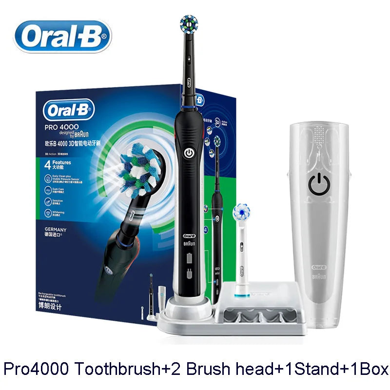 Oral B Pro4000 Electric Toothbrush 3D Action Clean 4 Modes Visible Pressure Sensor Whiter Teeth  Rechargeable Adult's Toothbrush