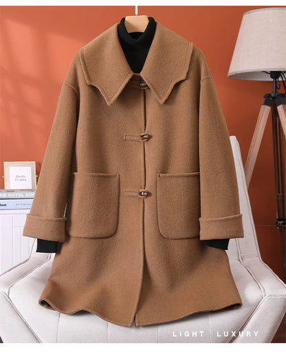 2025 Fashion Large Lapel Horn Button Women's Coat Autumn and Winter New Double-Sided Woolen 100%Pure Wool Warm Coat Large Pocket