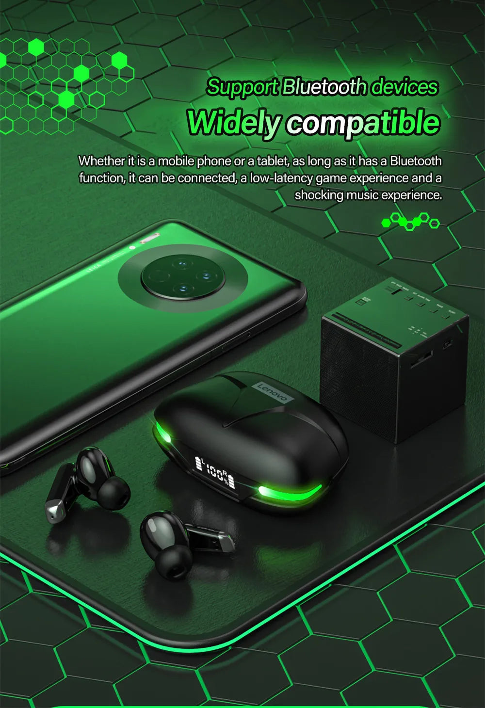 Auriculares deportivos originales Lenovo GM3 Bluetooth 5.0 con reducción de ruido, baja latencia, conexión rápida y modo de espera prolongado.