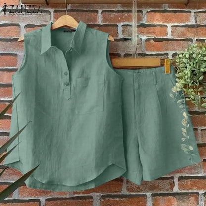 2024 ZANZEA Summer Matching Sets Fashion Suit 2PCS Tracksuits Women Sleeveless Tanks Tops and Shorts Elegant Solid Short Sets