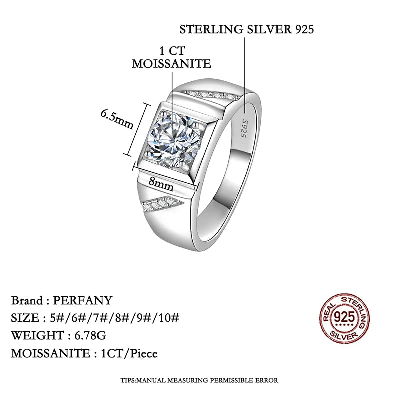 PERFANY 1/2CT Moissanite Ring for Men S925 Pure Silver Sparkling Diamond Domineering Wedding Ring Luxury Wedding Jewelry Gift