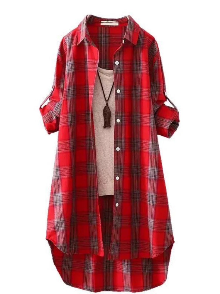 Plaid Medium Long Blouses Casual  Style Loose Shirts Female Summer Beach Sunscreen Blouses Fashion Korean Style Female Blouses